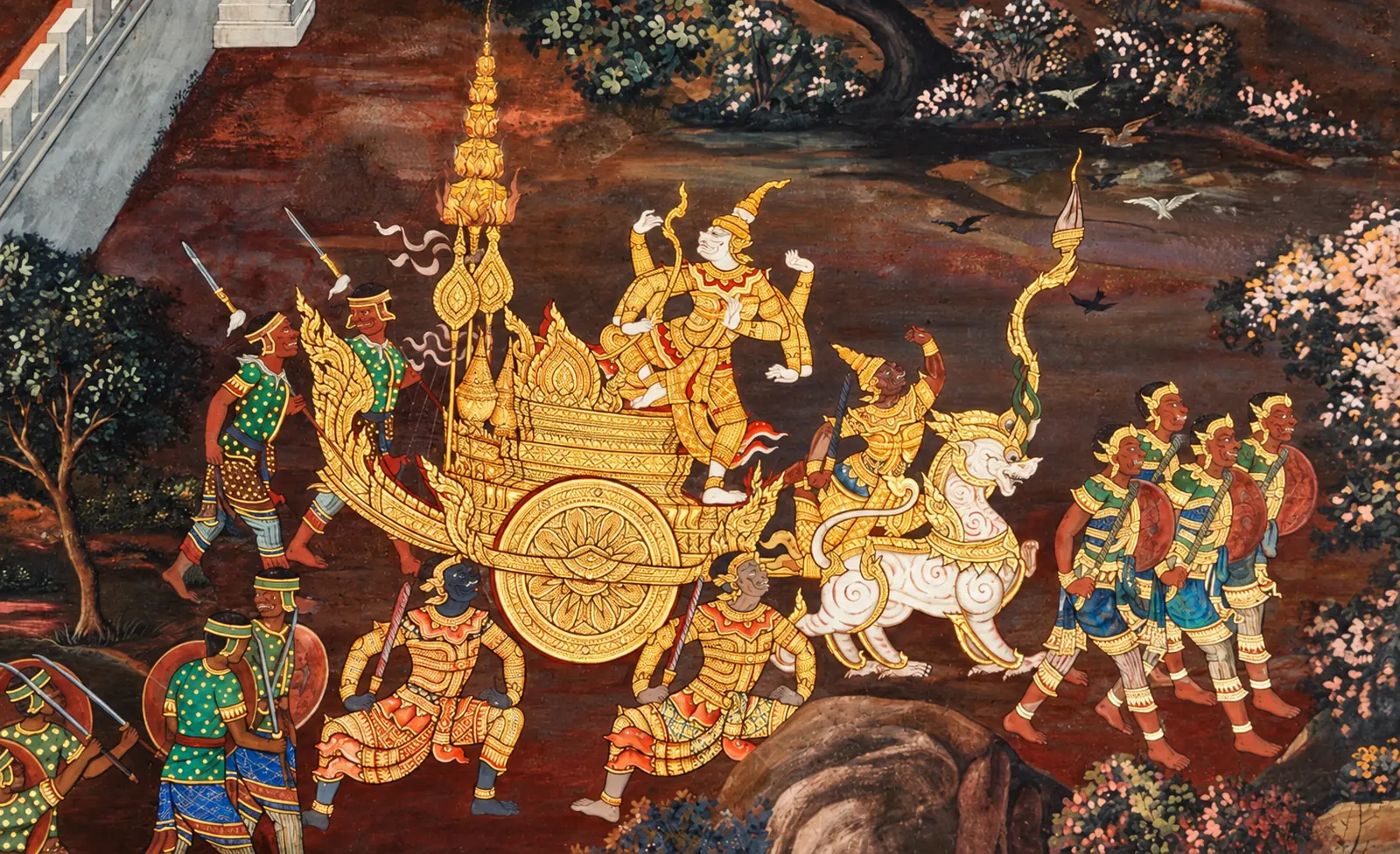 Thai Ramakien mural depicting an ornate golden chariot procession