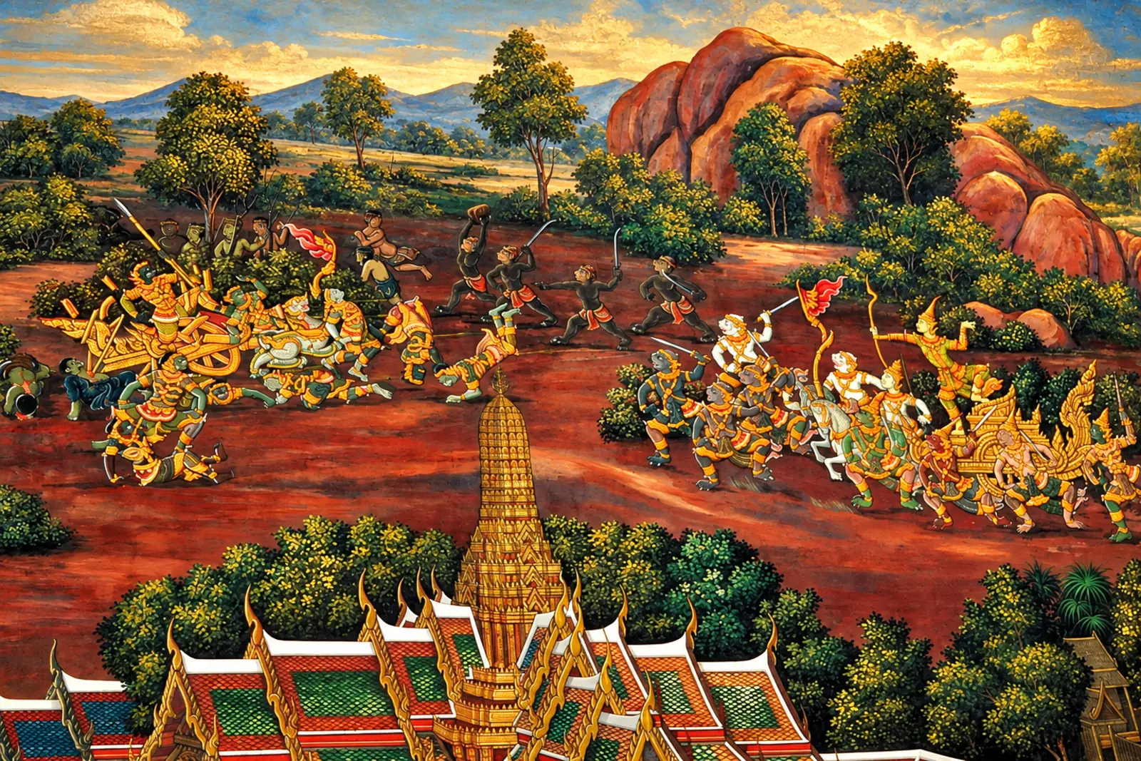 Ramayana battle mural above traditional Thai temple architecture